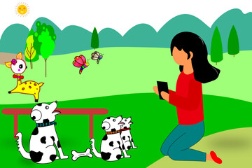 People pets owner illustration. Cartoon flat happy girl character has fun with dogs, playing with own animals in the park. Replaceable vector design.