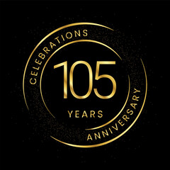105th anniversary, golden anniversary with a circle, line, and glitter on a black background.