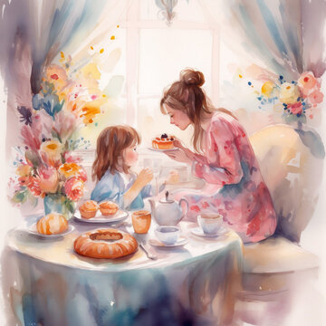 Mother's Day watercolor art, a cozy indoor brunch scene, with a mother and child sitting at a table covered in a pastel,colored tablecloth, The table is laden with delicious pastries, Generative AI
