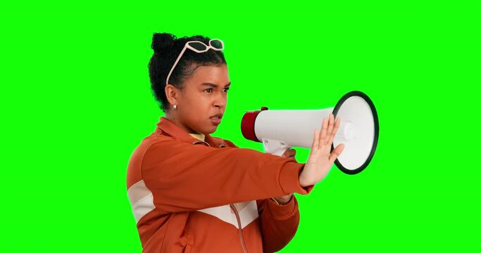 Green screen megaphone, angry woman scream and stop discrimination propaganda, oppression or human rights violation. Activism mockup, chroma key announcement and female warning on studio background