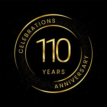 110th anniversary, golden anniversary with a circle, line, and glitter on a black background.