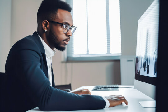 Black man doing work on computer in office, High quality generative ai