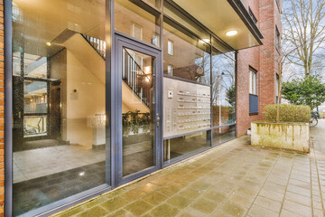 the outside of a building that has been converted into an office space with glass doors and windows on both sides