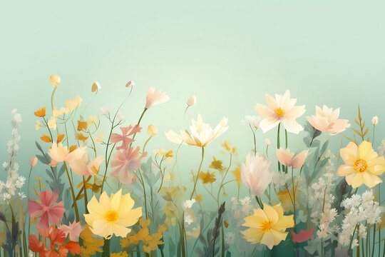 AI illustration of spring flowers on a pastel background, Generative AI