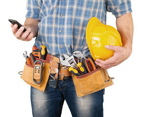 Construction Worker , Carpenter Using a Smartphone