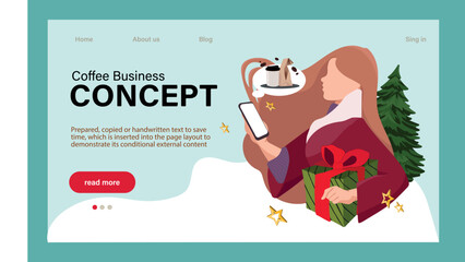 Celebrate New Year at Huge 2023. Barista web banner or landing page. Bartender making a cup of hot coffee. Coffeehouse worker making energetic tasty beverage with milk. Flat vector illustration