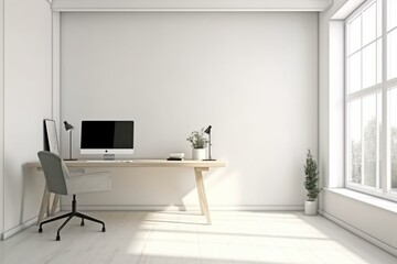 Light office interior with pc computer on desk and panoramic window. Mockup wall. Generative AI