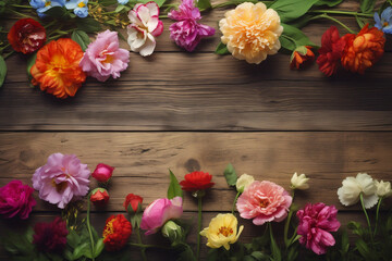 Garden flowers on wooden table background for mother day design, Generative AI