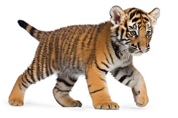 Fototapeta na wymiar cute tiger cub walking on a white background. Generative AI