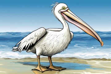Fototapeta na wymiar pelican standing on a sandy beach with ocean waves in the background. Generative AI