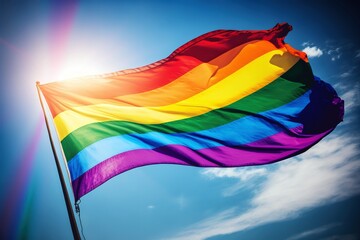Rainbow pride flag waved flying on the blue sky background, Generative AI