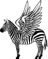 Fototapeta na wymiar monochrome Cute zebra with wings. Isolated animal. Sketch scratch board imitation. Black and white. Engraving vector illustration