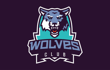 Sports logo with wolf mascot. Colorful sport emblem with wolf mascot and bold font on shield background. Logo for esport team, athletic club, college team. Isolated vector illustration