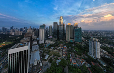 aerial shoot of Jakarta skyline during the golden hour. Jakarta is the capital city of indonesia that also one of the most populated city in the world.