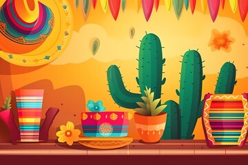 Cinco de Mayo - May 5, federal holiday in Mexico. Fiesta banner and poster design with flags, flowers, decorations