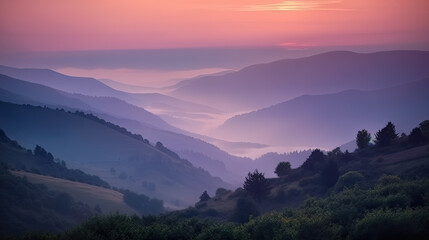 Fototapeta premium sunrise in the mountains with fog. calm mood. Generative AI