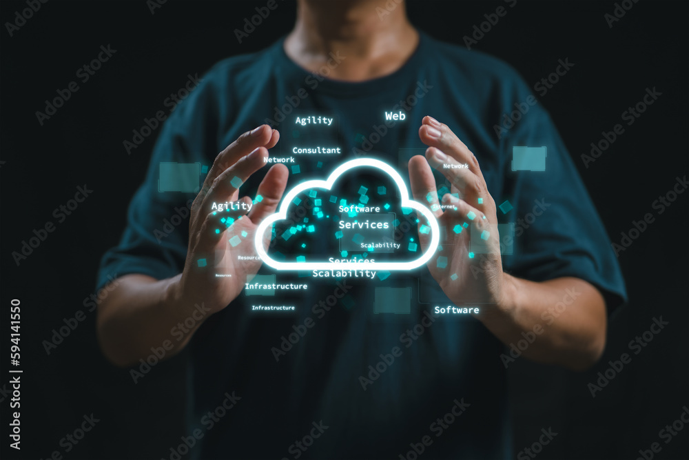 Poster A consultant markets cloud computing resources and services, enabling remote access and storage of data and applications, for cost-effective and flexible business solutions.