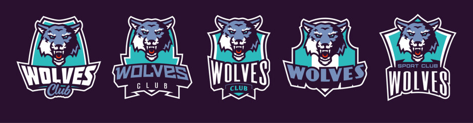 Set of sports logos with wolf mascots. Colorful collection sports emblem with wolf mascot and bold font on shield background. Logo for esport team, athletic club. Isolated vector illustration