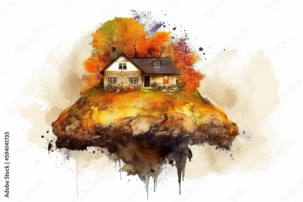 Sticker solitary house on an idyllic island surrounded by water. Generative AI