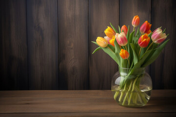 Mother's Day design concept with tulip flower in glass vase on wooden table background wall, Generative AI