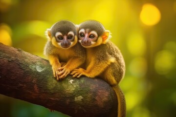 two simian primates resting on a tree limb. Generative AI