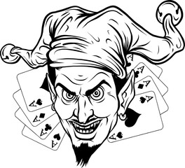 vector illustration of Monochrome Jester s mask with cards