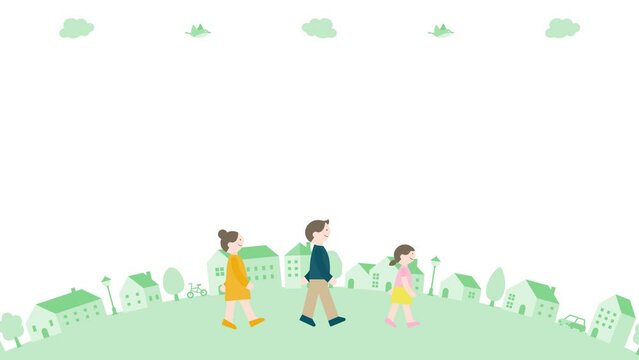 街並みを歩く家族のシンプルなアニメーション