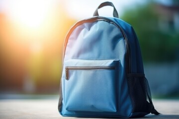 blue backpack resting on a concrete sidewalk. Generative AI