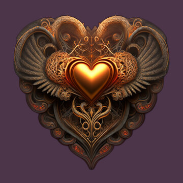 Majestic winged golden heart standard on calm purple background 