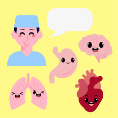 Cute cartoon organs set, with a doctor, happy smile, and healthy vector