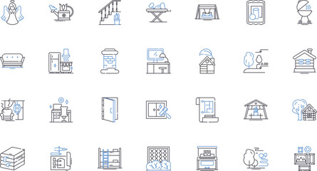 Household living line icons collection. Comfort, Maintenance, Organization, Hygiene, Appliances, Furniture, Cleaning vector and linear illustration. Efficiency,Cooking,Gardening outline signs set