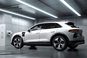 Plakat White electric SUV recharging in garage. 3D rendering image. Generative AI