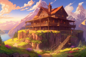 Obraz premium house perched on a cliff overlooking the sea. Generative AI