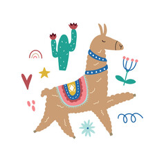 Cute vector poster with llama surrounded by tropical plants in bright color in scandinavian style for your design © Ольга Агуреева