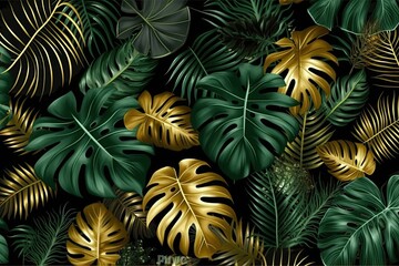 Naklejka premium green and gold leaves on a black background. Generative AI