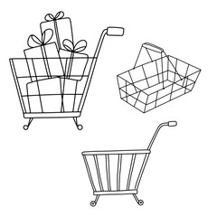 Shopping basket with gifts icon. Doodle vector illustrations set