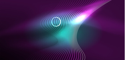 Neon lines and waves abstract background. Techno glowing neon shapes vector illustration for wallpaper, banner, background, landing page, wall art, invitation, prints, posters