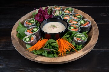 Fototapeta na wymiar plate of assorted sushi with a small bowl of dipping sauce on the side. Generative AI