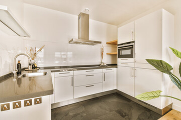 a kitchen area with white cabinets and black counter tops, including a large green plant in the...