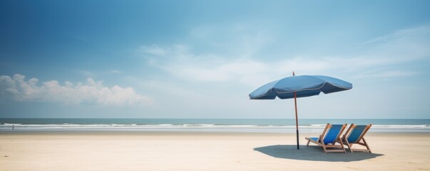 Summer Chairs and umbrellas on tropical sea and beach with blue sky background. Generative AI