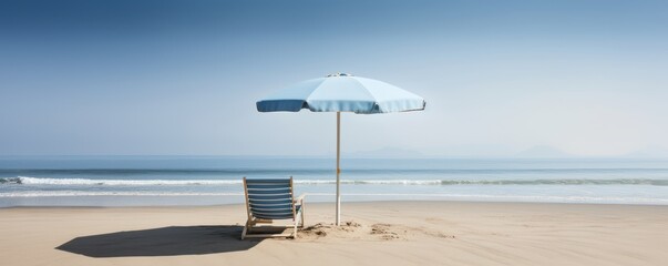 Summer Chairs and umbrellas on tropical sea and beach with blue sky background. Generative AI