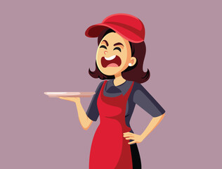 Rude Waitress Screaming Holding an Empty Tray Vector Cartoon Illustration. Unhappy restaurant worker having an anger crisis outburst 
