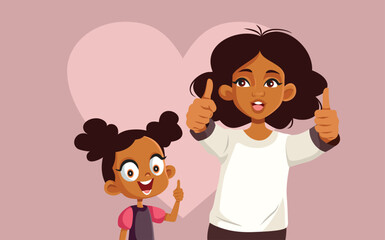 Mom and Daughter Showing Ok Thumbs up Gesture Vector Cartoon. Happy family feeling excitement and optimism 
