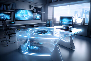 A modern Office, that showcases holographic displays. Generative AI illustrations. 