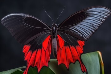 black and red butterfly perched on a green plant. Generative AI