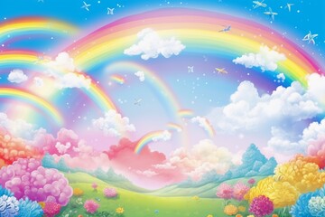 Fototapeta na wymiar Dream Cute Fantasy Sky Rainbow Sparkling Background Material. AI generative