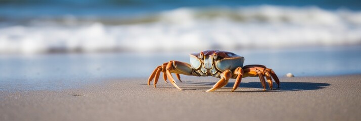 Crab sea marine on tropical sea and sandy beach blue sky background. Generative AI - obrazy, fototapety, plakaty