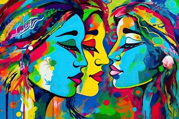 two women sharing a romantic kiss in a colorful painting. Generative AI