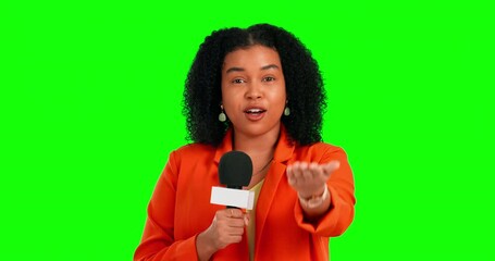 Green screen microphone, woman face and reporter talking about news, story or live streaming event, broadcast or report. Press journalist, chroma key portrait and media person on studio background