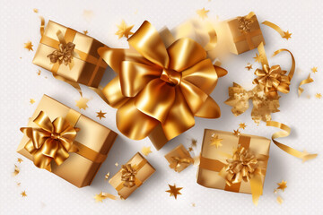 Obraz na płótnie Canvas golden gift boxes with bright golden ribbon bow isolated on transparent background with golden stars, gift greeting card top view or label for christmas or mother and father day, Generative AI